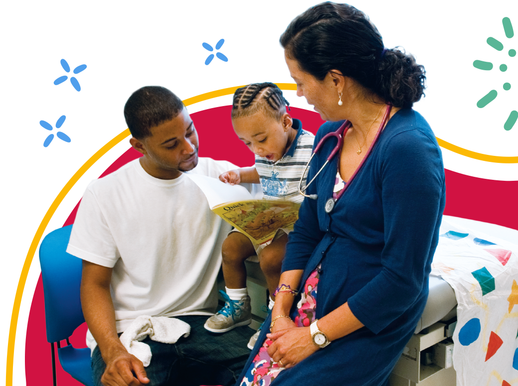 A Doctor and Dad Helping a Child Read a Book